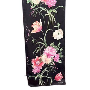 Vintage Echo Black Pink Romantic Floral Rectangular Scarf Spring Hand Rolled